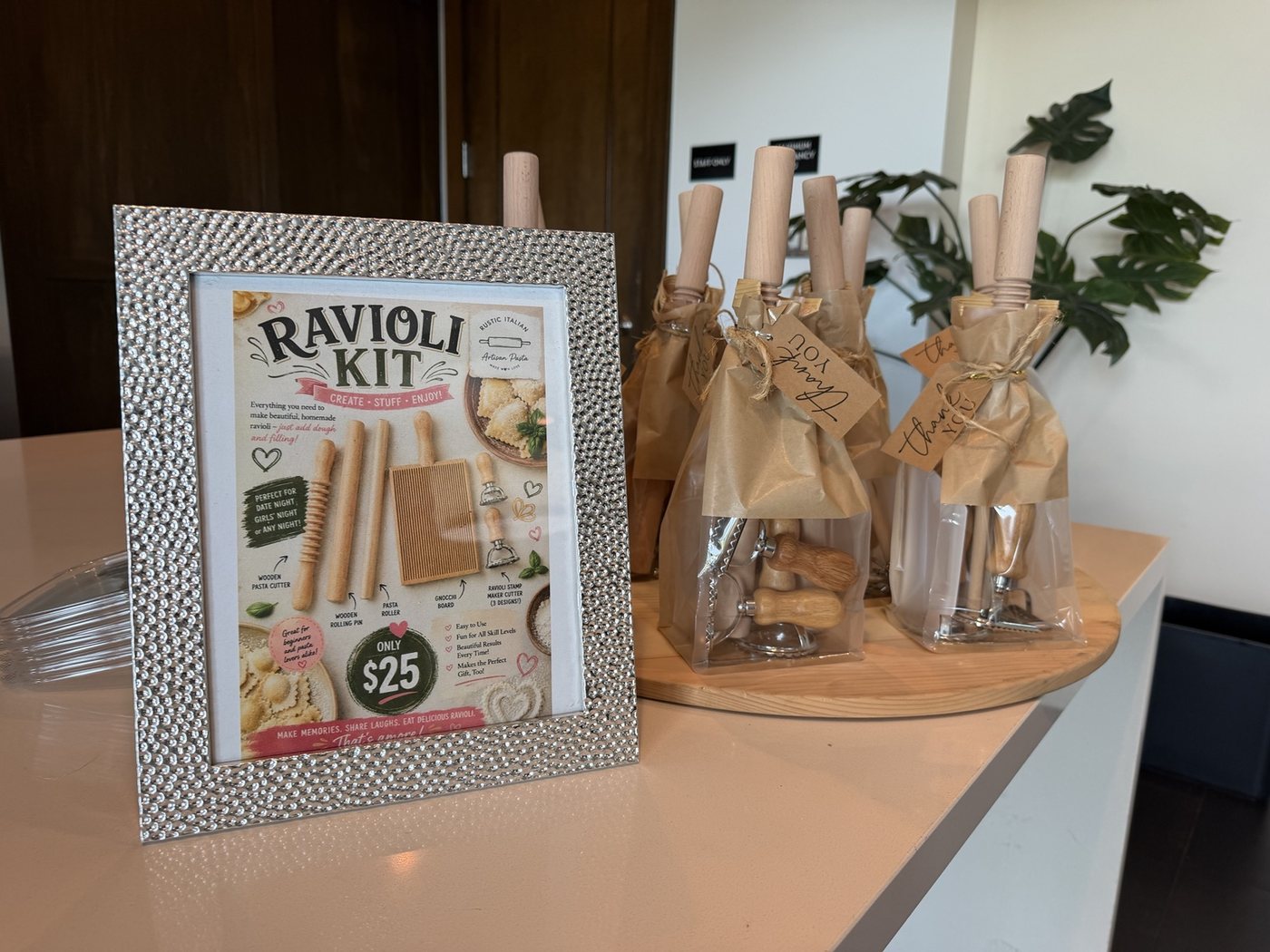 Rustic Italian farmers market display with handmade pasta